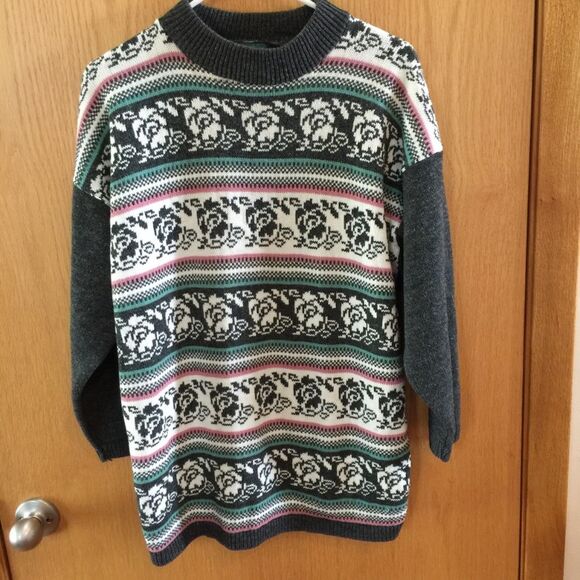 Dana Scott Vintage Gray Rose Fair Isle Long Sleeve Mock Neck Pullover Sweater M - Picture 7 of 7